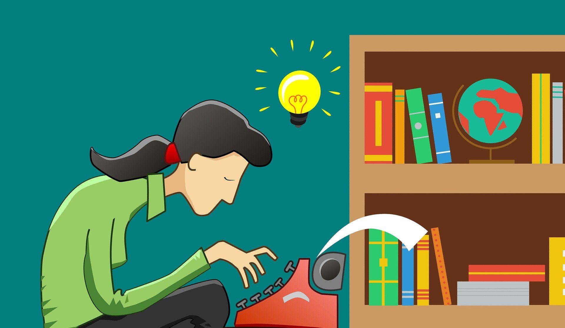 Ilustración de persona escribiendo a máquina con bombilla de idea
